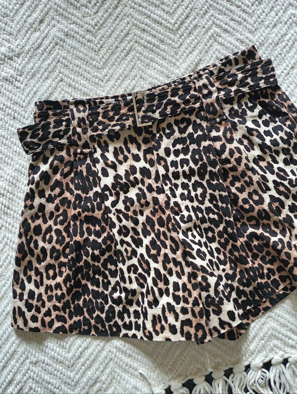 Ganni Leopard Print Linen Cotton Canvas Belted Shorts